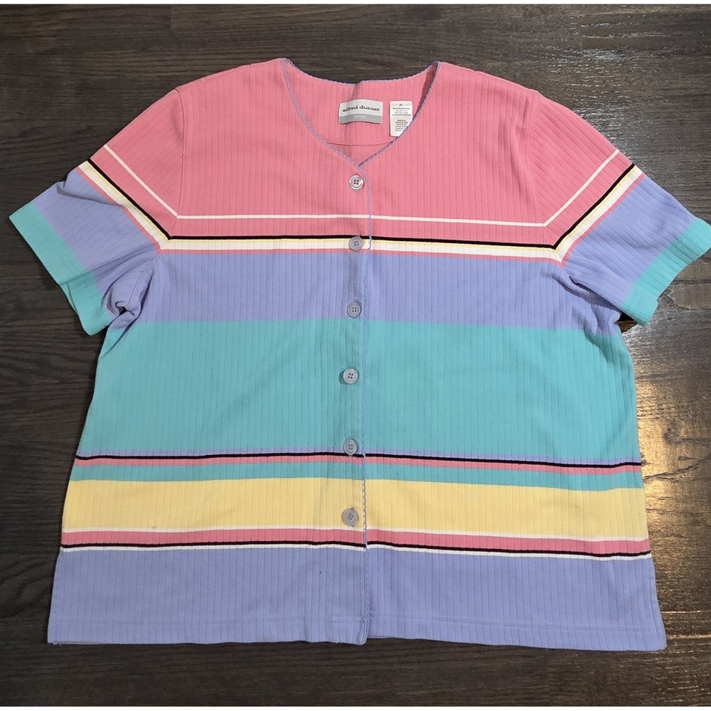 Alfred Dunner Shirt Petite Large  Pink Multi Striped Button Up w/ shoulder pads